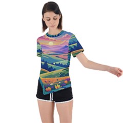 Field Valley Nature Meadows Flowers Dawn Landscape Asymmetrical Short Sleeve Sports T-shirt