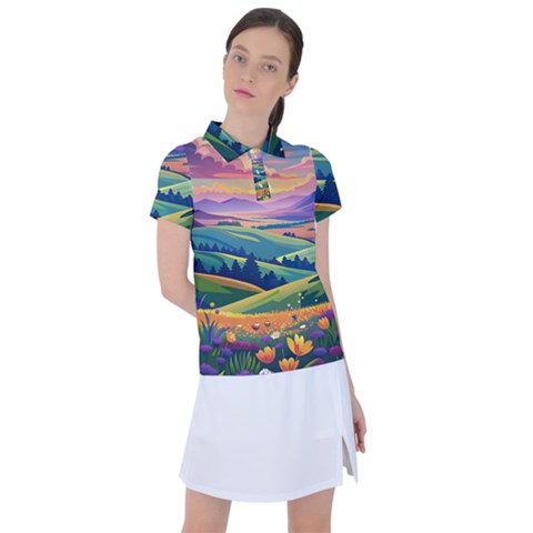 Field Valley Nature Meadows Flowers Dawn Landscape Women s Polo T-shirt by Maspions