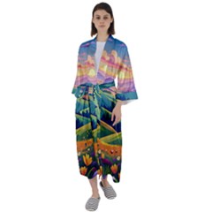 Field Valley Nature Meadows Flowers Dawn Landscape Maxi Satin Kimono by Maspions