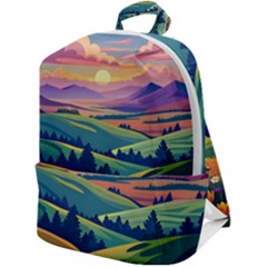 Field Valley Nature Meadows Flowers Dawn Landscape Zip Up Backpack by Maspions