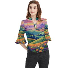 Field Valley Nature Meadows Flowers Dawn Landscape Loose Horn Sleeve Chiffon Blouse