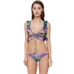 Field Valley Nature Meadows Flowers Dawn Landscape Low Cut Ruffle Edge Bikini Set by Maspions