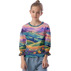 Field Valley Nature Meadows Flowers Dawn Landscape Kids  Cuff Sleeve Top