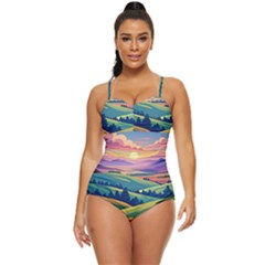 Field Valley Nature Meadows Flowers Dawn Landscape Retro Full Coverage Swimsuit