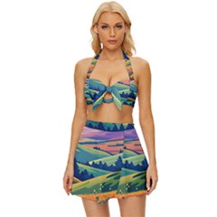 Field Valley Nature Meadows Flowers Dawn Landscape Vintage Style Bikini Top And Skirt Set 