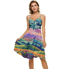 Field Valley Nature Meadows Flowers Dawn Landscape Sleeveless Tie Front Chiffon Dress