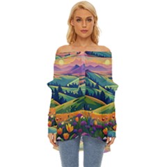 Field Valley Nature Meadows Flowers Dawn Landscape Off Shoulder Chiffon Pocket Shirt