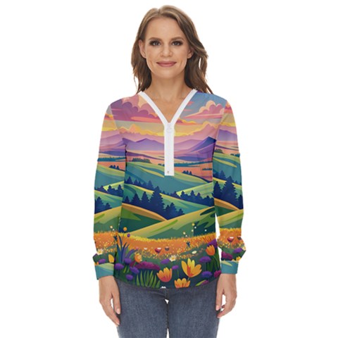 Field Valley Nature Meadows Flowers Dawn Landscape Zip Up Long Sleeve Blouse by Maspions