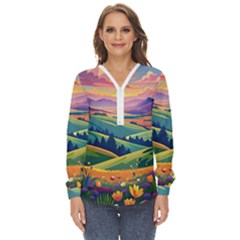 Field Valley Nature Meadows Flowers Dawn Landscape Zip Up Long Sleeve Blouse