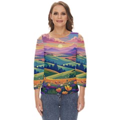 Field Valley Nature Meadows Flowers Dawn Landscape Cut Out Wide Sleeve Top