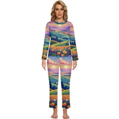 Field Valley Nature Meadows Flowers Dawn Landscape Womens  Long Sleeve Lightweight Pajamas Set by Maspions