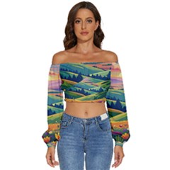 Field Valley Nature Meadows Flowers Dawn Landscape Long Sleeve Crinkled Weave Crop Top