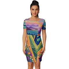 Field Valley Nature Meadows Flowers Dawn Landscape Fitted Knot Split End Bodycon Dress by Maspions