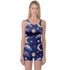 Night Moon Seamless Background Stars Sky Clouds Texture Pattern One Piece Boyleg Swimsuit