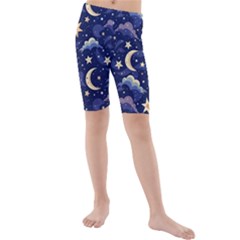 Night Moon Seamless Background Stars Sky Clouds Texture Pattern Kids  Mid Length Swim Shorts