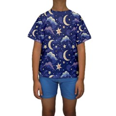 Night Moon Seamless Background Stars Sky Clouds Texture Pattern Kids  Short Sleeve Swimwear