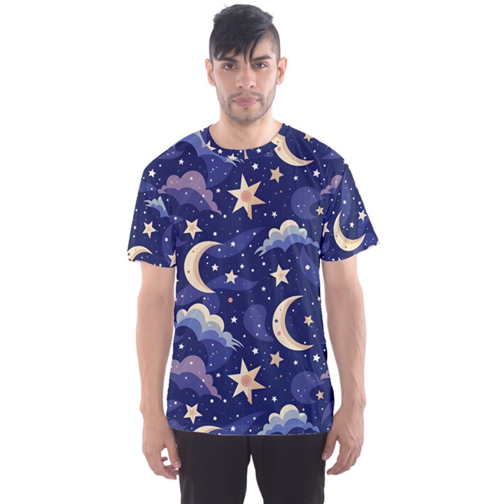 Night Moon Seamless Background Stars Sky Clouds Texture Pattern Men s Sport Mesh T-Shirt