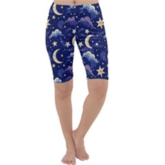 Night Moon Seamless Background Stars Sky Clouds Texture Pattern Cropped Leggings 