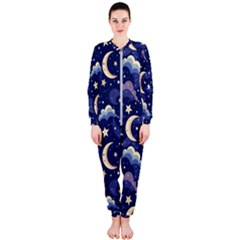 Night Moon Seamless Background Stars Sky Clouds Texture Pattern Onepiece Jumpsuit (ladies)