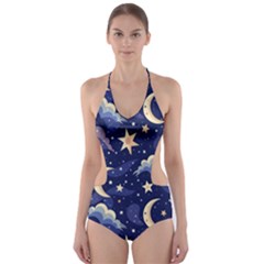 Night Moon Seamless Background Stars Sky Clouds Texture Pattern Cut-out One Piece Swimsuit