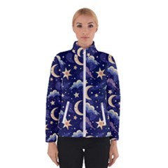 Night Moon Seamless Background Stars Sky Clouds Texture Pattern Women s Bomber Jacket by Maspions