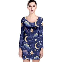 Night Moon Seamless Background Stars Sky Clouds Texture Pattern Long Sleeve Velvet Bodycon Dress