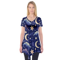 Night Moon Seamless Background Stars Sky Clouds Texture Pattern Short Sleeve Tunic 