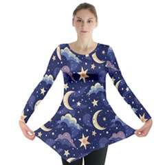 Night Moon Seamless Background Stars Sky Clouds Texture Pattern Long Sleeve Tunic 