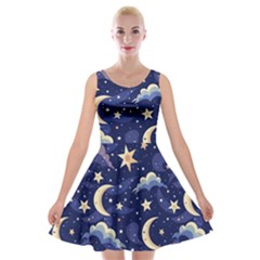 Night Moon Seamless Background Stars Sky Clouds Texture Pattern Velvet Skater Dress