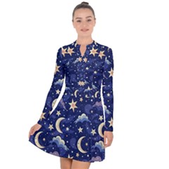 Night Moon Seamless Background Stars Sky Clouds Texture Pattern Long Sleeve Panel Dress