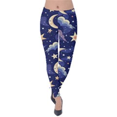 Night Moon Seamless Background Stars Sky Clouds Texture Pattern Velvet Leggings by Maspions