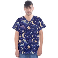 Night Moon Seamless Background Stars Sky Clouds Texture Pattern Men s V-neck Scrub Top