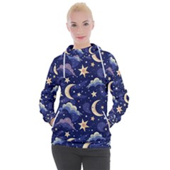 Night Moon Seamless Background Stars Sky Clouds Texture Pattern Women s Hooded Pullover