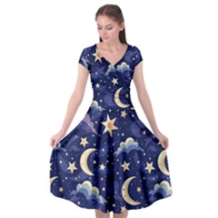 Night Moon Seamless Background Stars Sky Clouds Texture Pattern Cap Sleeve Wrap Front Dress