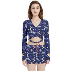 Night Moon Seamless Background Stars Sky Clouds Texture Pattern Velvet Wrap Crop Top And Shorts Set