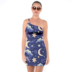 Night Moon Seamless Background Stars Sky Clouds Texture Pattern One Shoulder Ring Trim Bodycon Dress