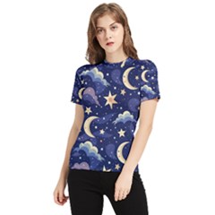 Night Moon Seamless Background Stars Sky Clouds Texture Pattern Women s Short Sleeve Rash Guard