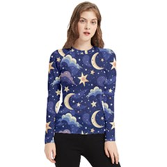 Night Moon Seamless Background Stars Sky Clouds Texture Pattern Women s Long Sleeve Rash Guard