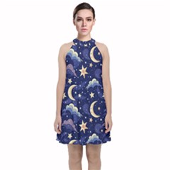 Night Moon Seamless Background Stars Sky Clouds Texture Pattern Velvet Halter Neckline Dress 