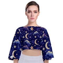 Night Moon Seamless Background Stars Sky Clouds Texture Pattern Tie Back Butterfly Sleeve Chiffon Top