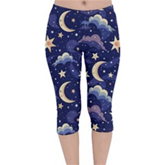 Night Moon Seamless Background Stars Sky Clouds Texture Pattern Velvet Capri Leggings 