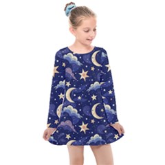 Night Moon Seamless Background Stars Sky Clouds Texture Pattern Kids  Long Sleeve Dress