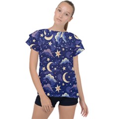 Night Moon Seamless Background Stars Sky Clouds Texture Pattern Ruffle Collar Chiffon Blouse