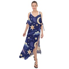 Night Moon Seamless Background Stars Sky Clouds Texture Pattern Maxi Chiffon Cover Up Dress