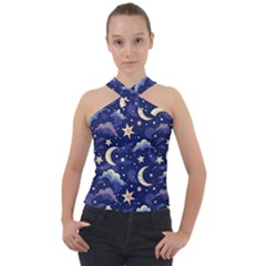 Night Moon Seamless Background Stars Sky Clouds Texture Pattern Cross Neck Velour Top