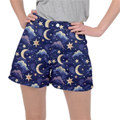 Night Moon Seamless Background Stars Sky Clouds Texture Pattern Women s Ripstop Shorts