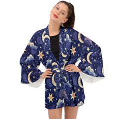 Night Moon Seamless Background Stars Sky Clouds Texture Pattern Long Sleeve Kimono by Maspions