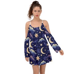 Night Moon Seamless Background Stars Sky Clouds Texture Pattern Boho Dress