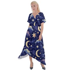 Night Moon Seamless Background Stars Sky Clouds Texture Pattern Cross Front Sharkbite Hem Maxi Dress