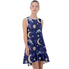 Night Moon Seamless Background Stars Sky Clouds Texture Pattern Frill Swing Dress